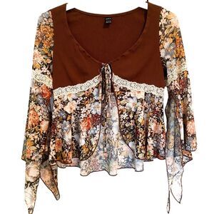 SHEIN Brown Floral Lace Long Sleeve Boho Open Front Blouse Top Size 6 Top